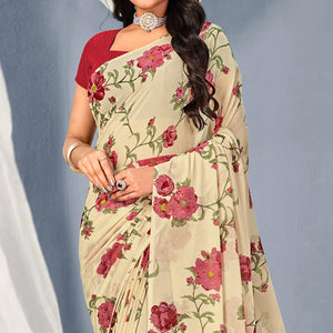 Cream-Maroon Floral Printed Georgette Saree