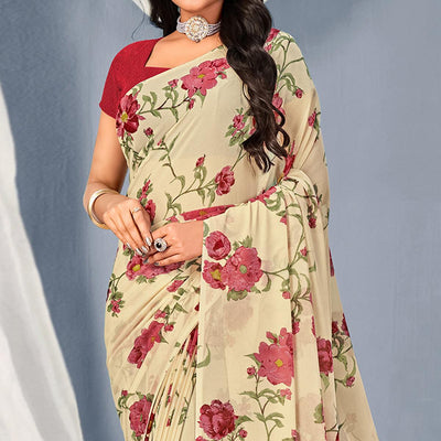 Cream-Maroon Floral Printed Georgette Saree