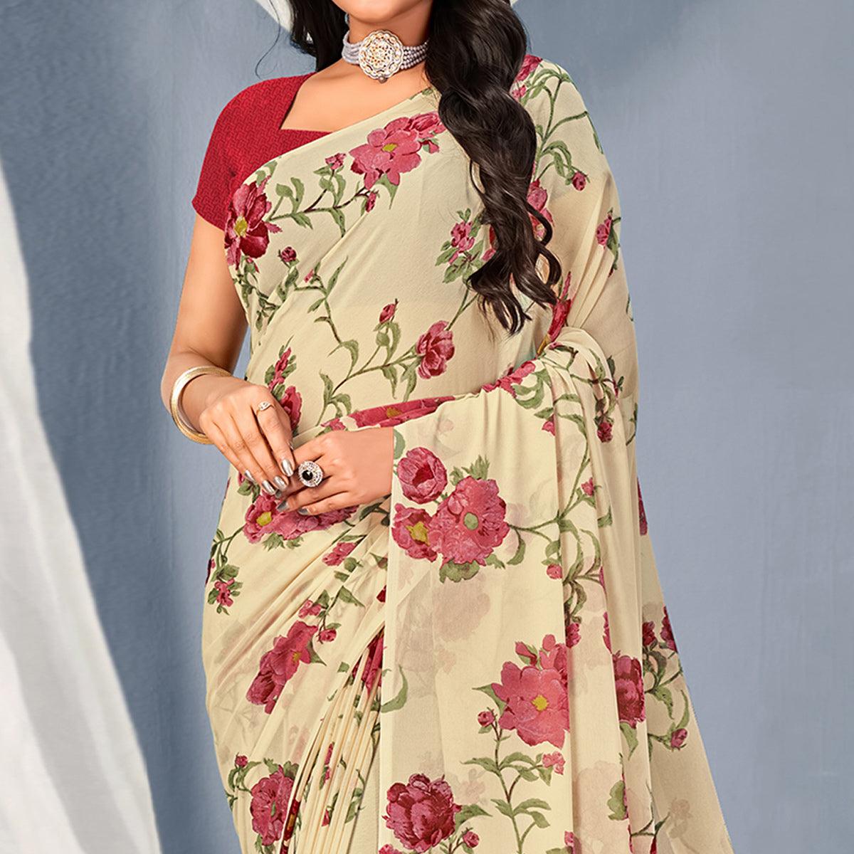 Cream-Maroon Floral Printed Georgette Saree