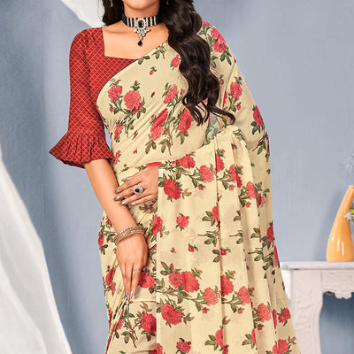 Cream-Maroon Floral Printed Georgette Saree