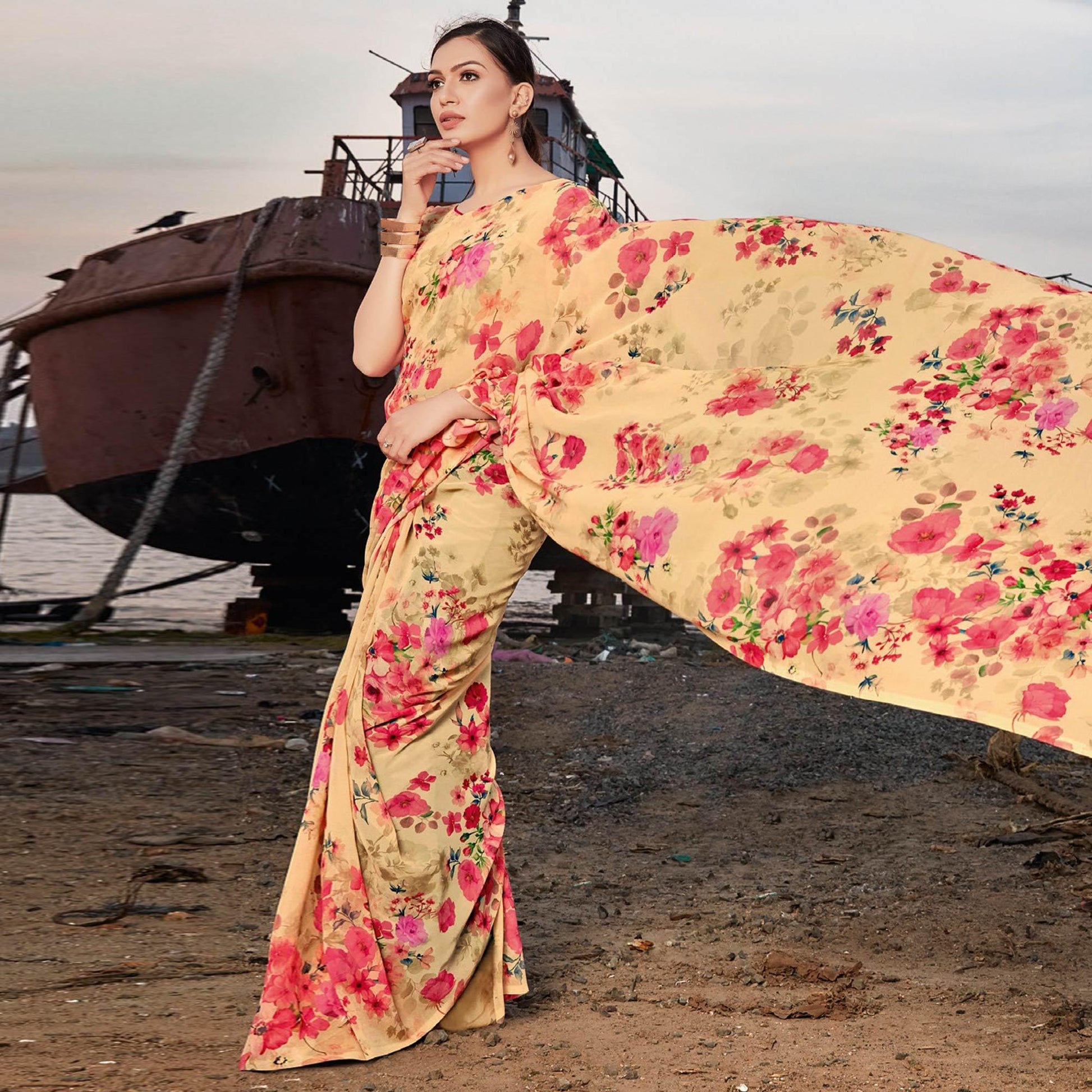 Cream-Multicolor Festive Wear Floral Printed Georgette Saree