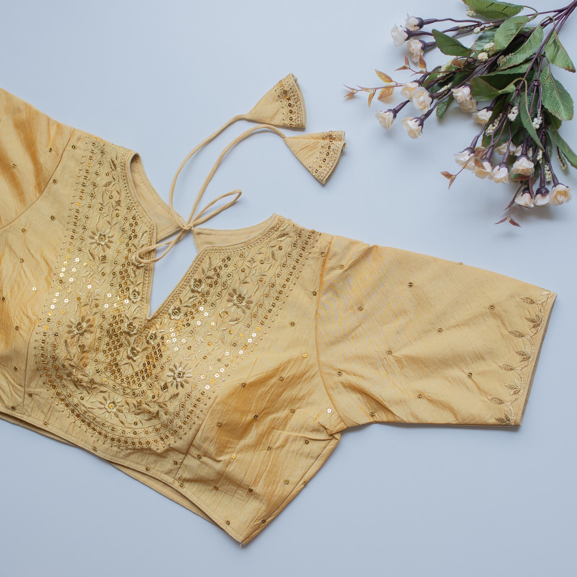 Cream Olive Silk Blouse with Golden Embroidery and Sequence Accents