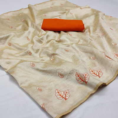 Cream - Orange Casual Wear Emrboidered Silk Saree