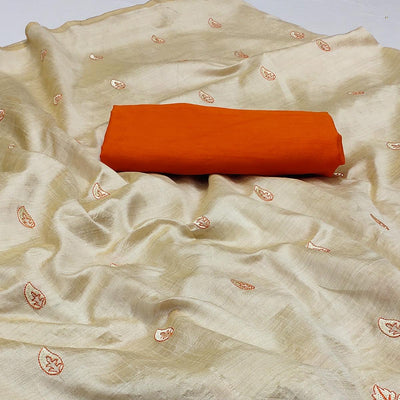 Cream - Orange Casual Wear Emrboidered Silk Saree