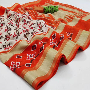 Cream-Orange Casual Wear Printed Cotton Saree With Jari Border