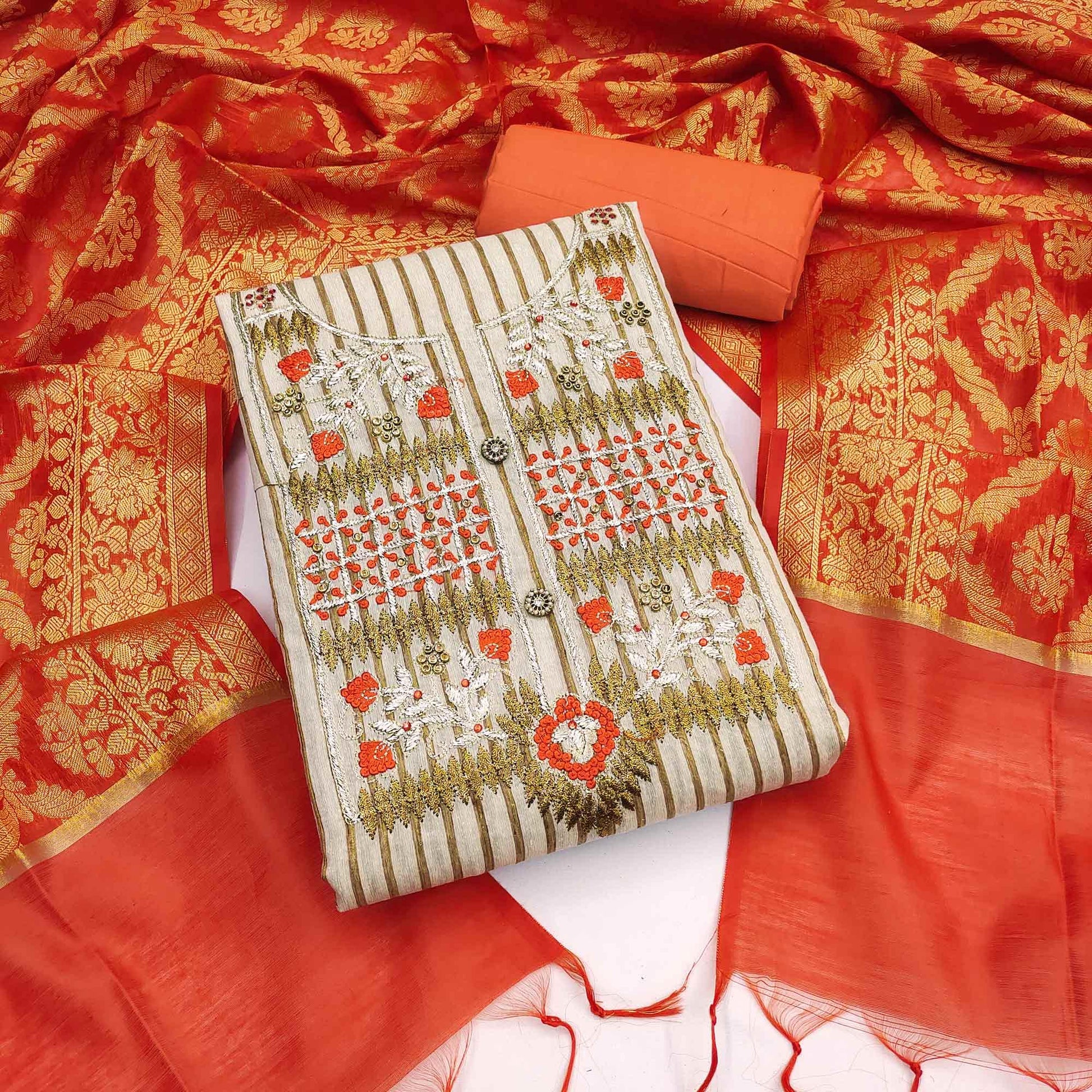 Cream-Orange Embroidered Cotton Blend Dress Material