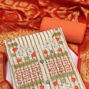 Cream-Orange Embroidered Cotton Blend Dress Material