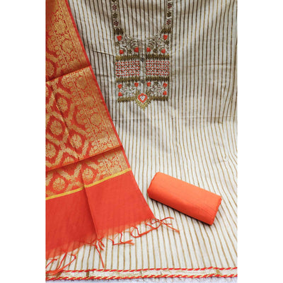 Cream-Orange Embroidered Cotton Blend Dress Material