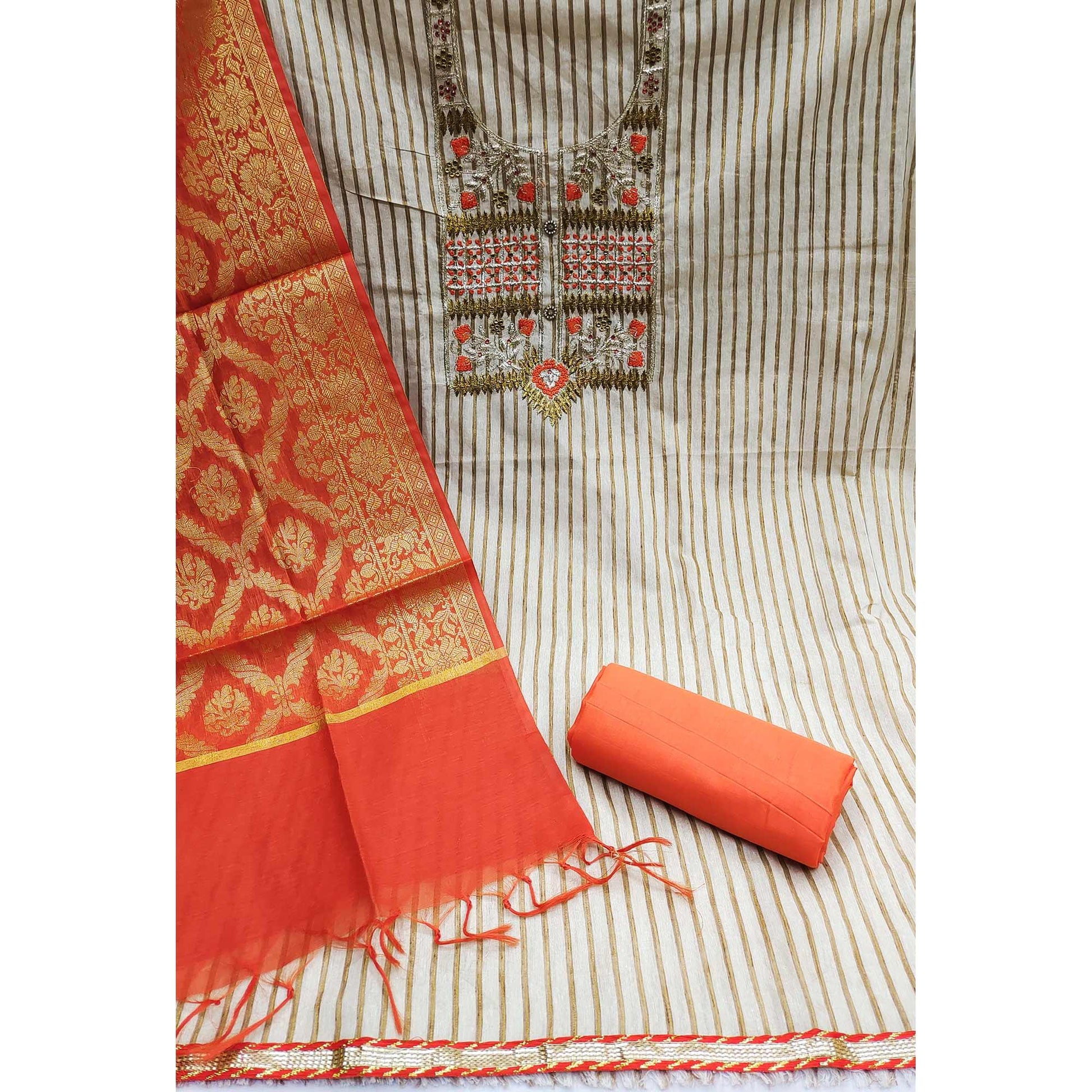 Cream-Orange Embroidered Cotton Blend Dress Material