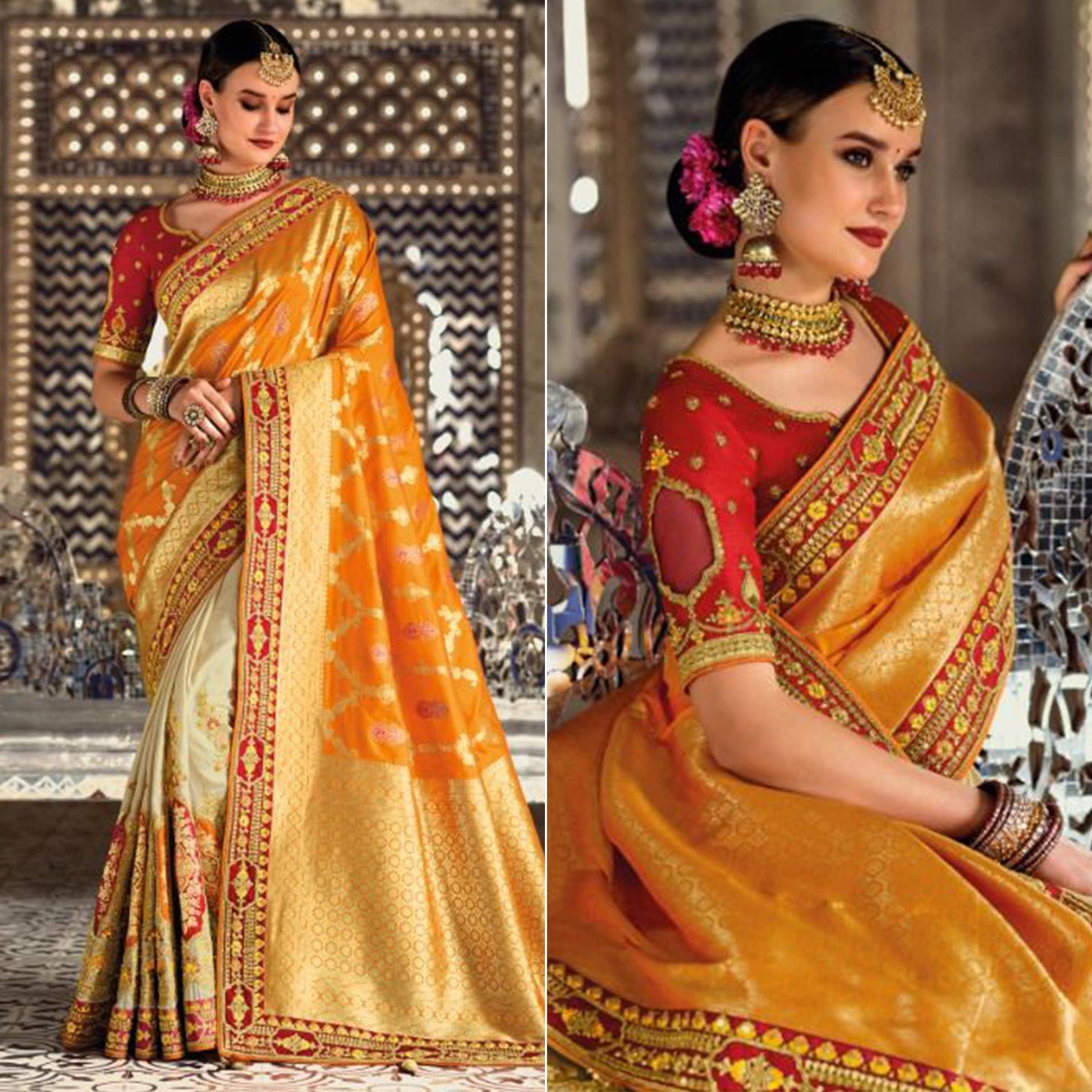 Cream-Orange Festive Wear Woven Banarasi Silk Half & Half Saree