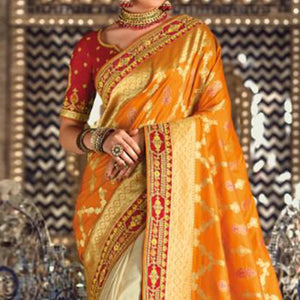 Cream-Orange Festive Wear Woven Banarasi Silk Half & Half Saree