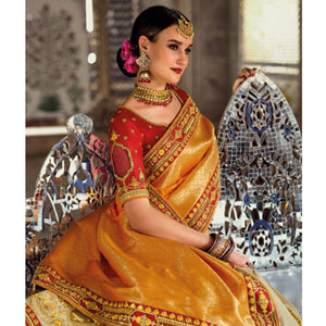 Cream-Orange Festive Wear Woven Banarasi Silk Half & Half Saree