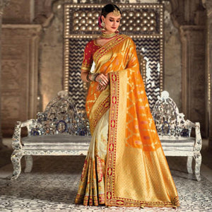 Cream-Orange Festive Wear Woven Banarasi Silk Half & Half Saree