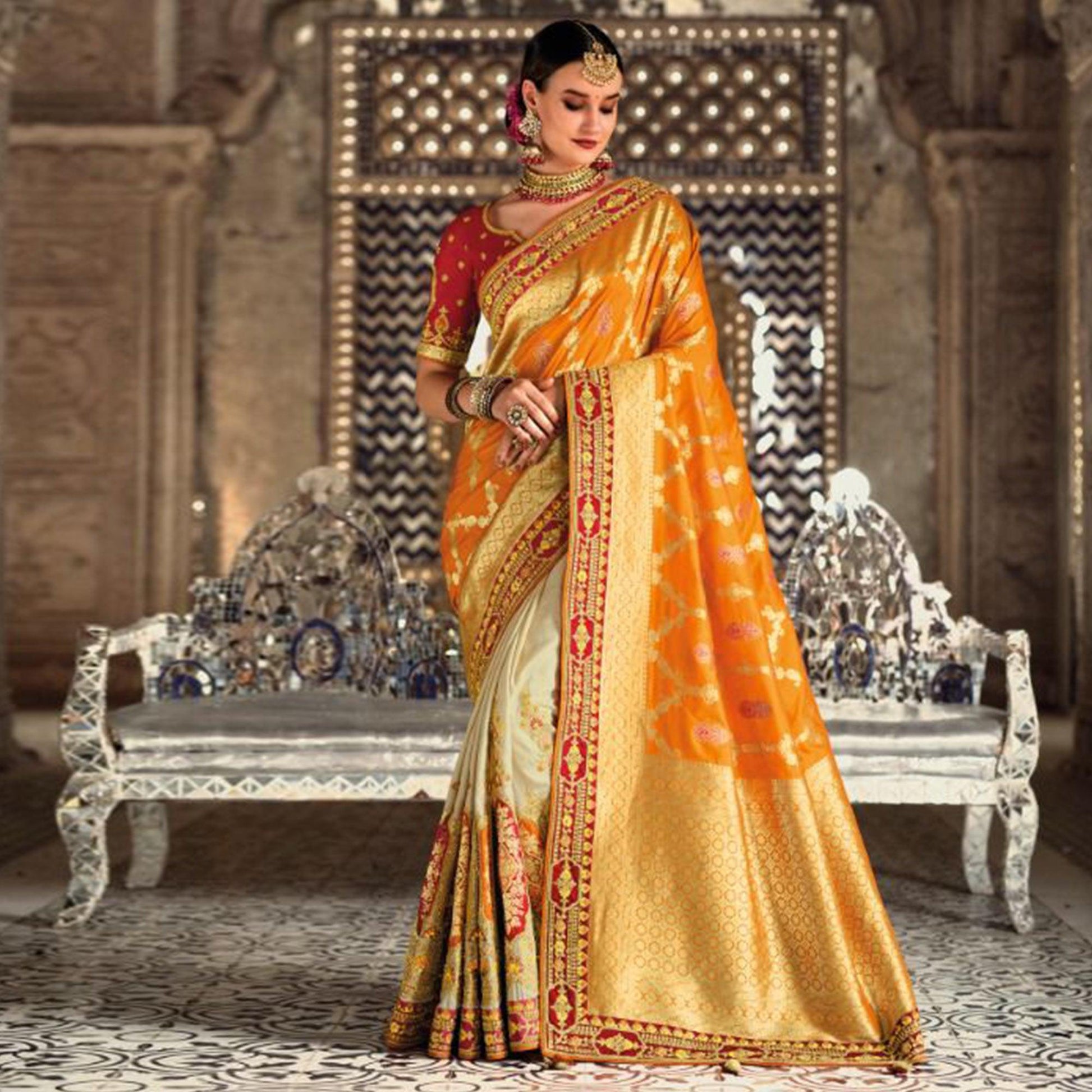 Cream-Orange Festive Wear Woven Banarasi Silk Half & Half Saree