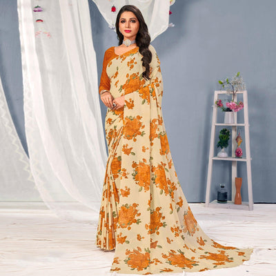 Cream-Orange Floral Printed Georgette Saree
