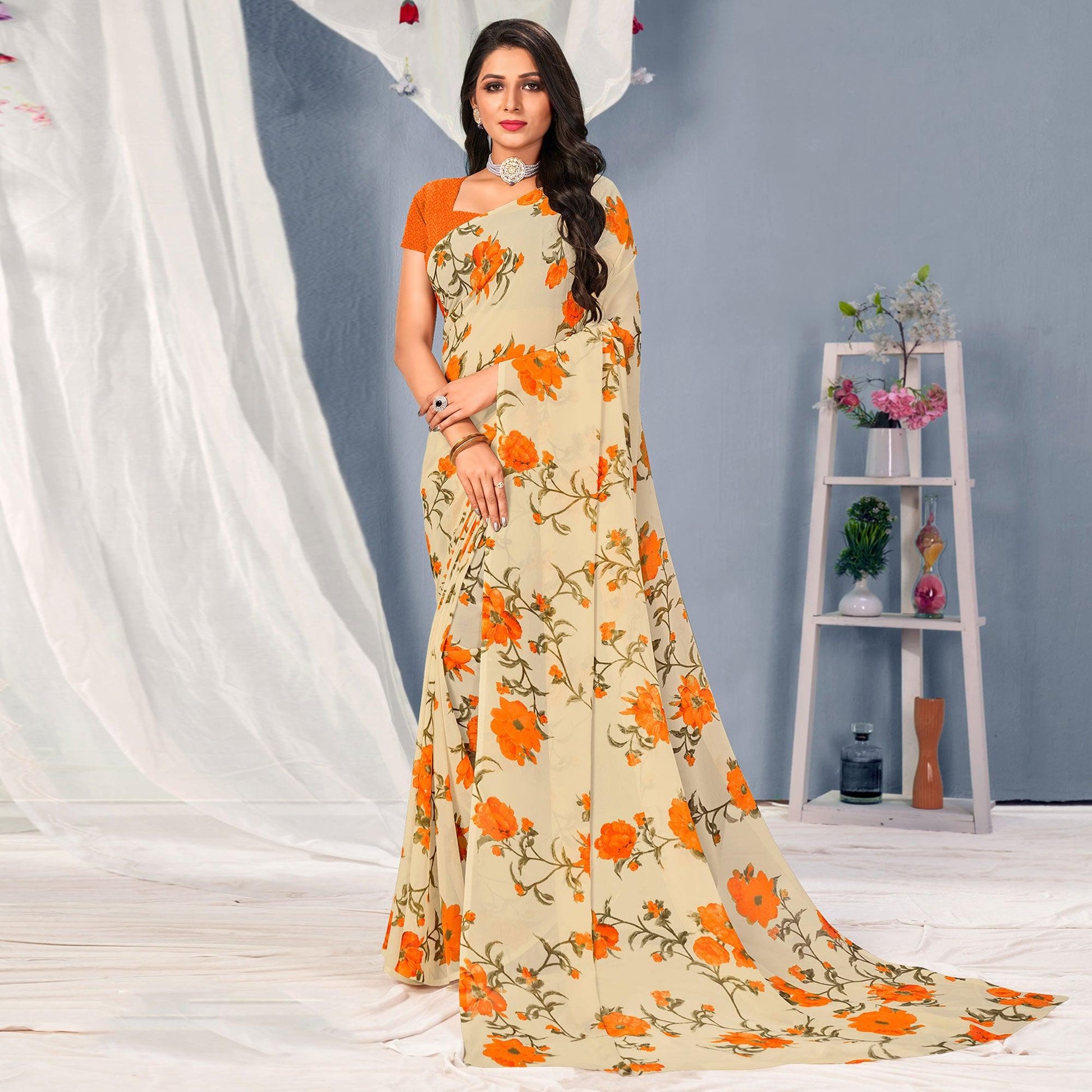Cream-Orange Floral Printed Georgette Saree