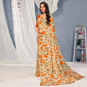 Cream-Orange Floral Printed Georgette Saree