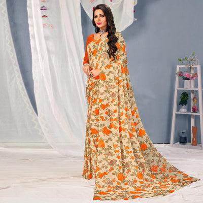 Cream-Orange Floral Printed Georgette Saree