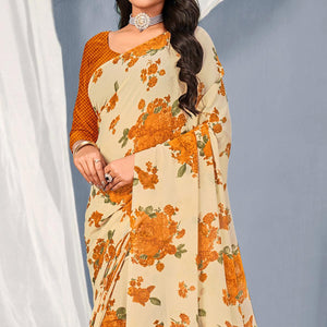 Cream-Orange Floral Printed Georgette Saree