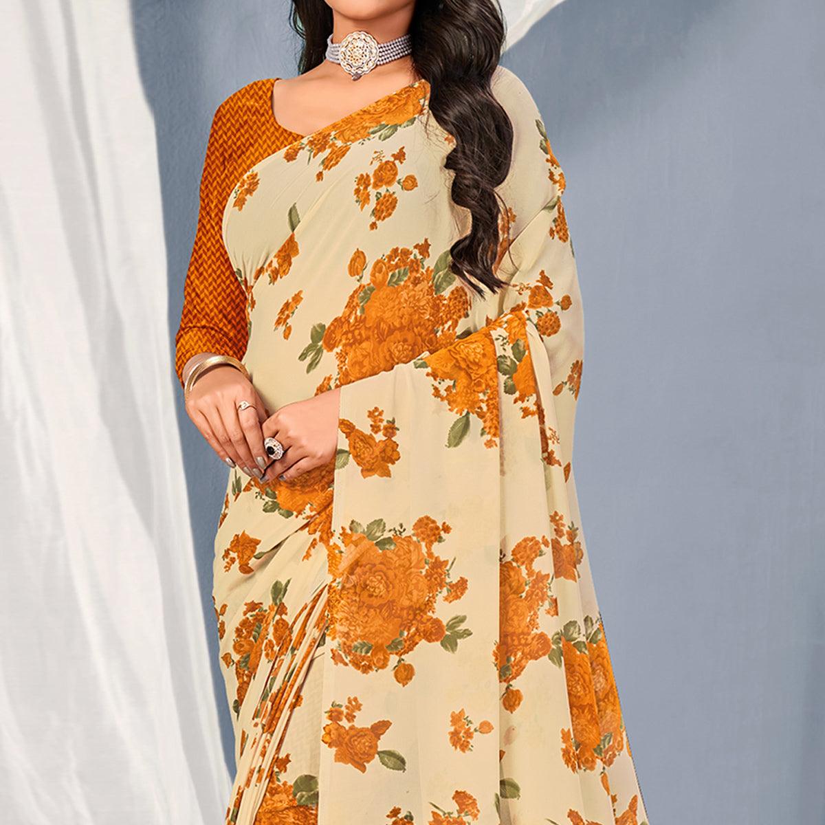 Cream-Orange Floral Printed Georgette Saree