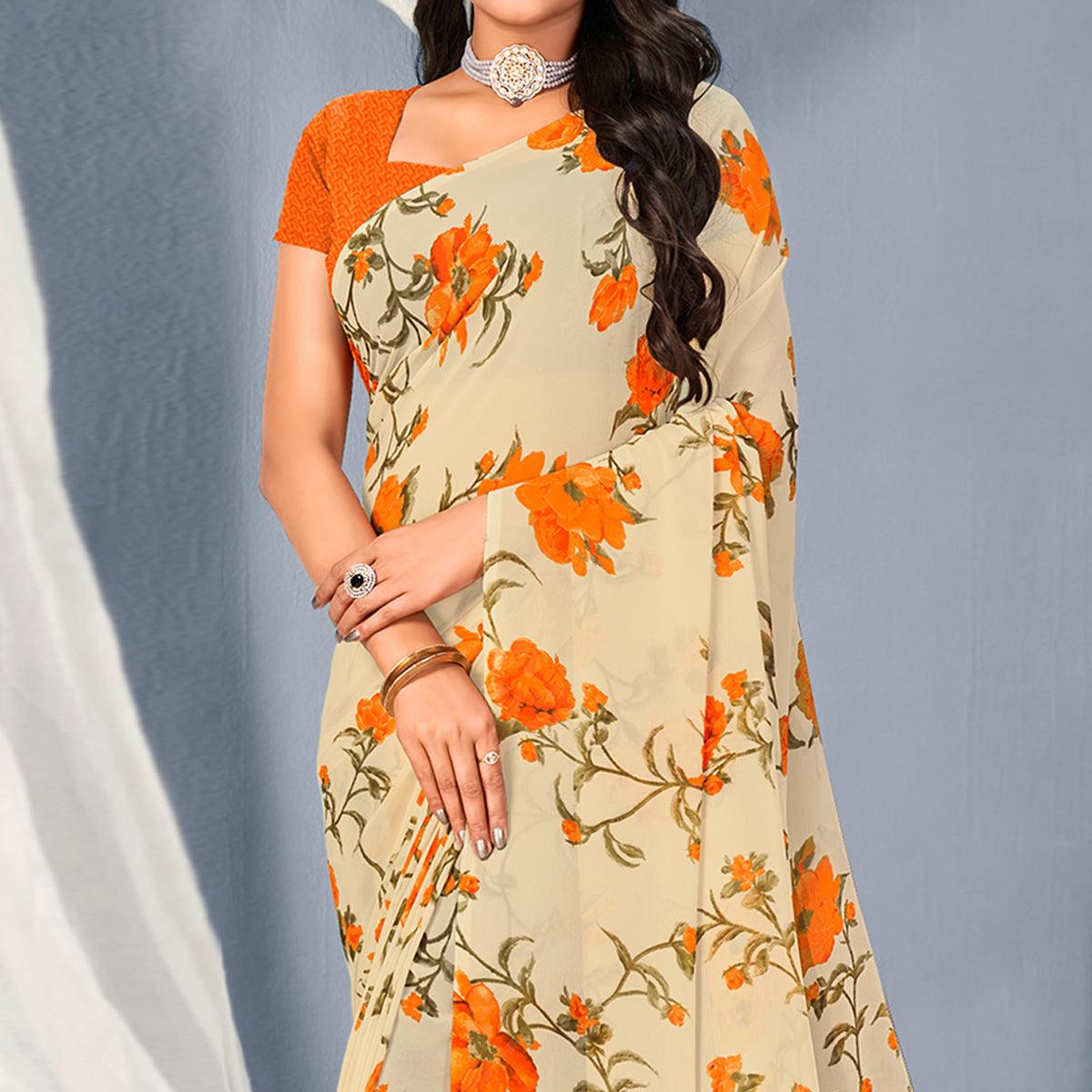 Cream-Orange Floral Printed Georgette Saree
