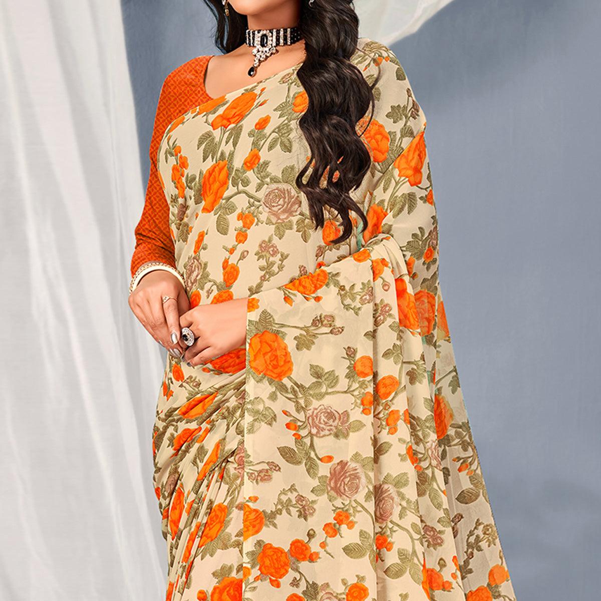 Cream-Orange Floral Printed Georgette Saree