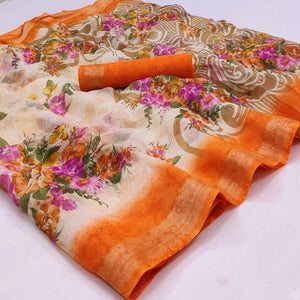 Cream-Orange Floral Printed Linen Saree