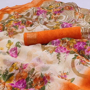 Cream-Orange Floral Printed Linen Saree