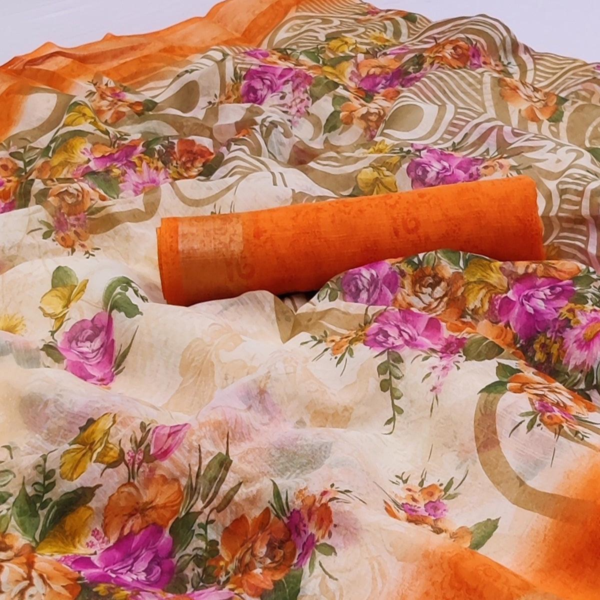 Cream-Orange Floral Printed Linen Saree