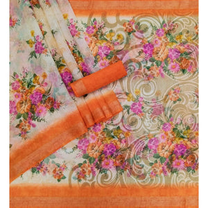 Cream-Orange Floral Printed Linen Saree