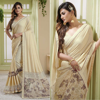 Cream Party Wear Embellished Lycra Ready to Wear Saree