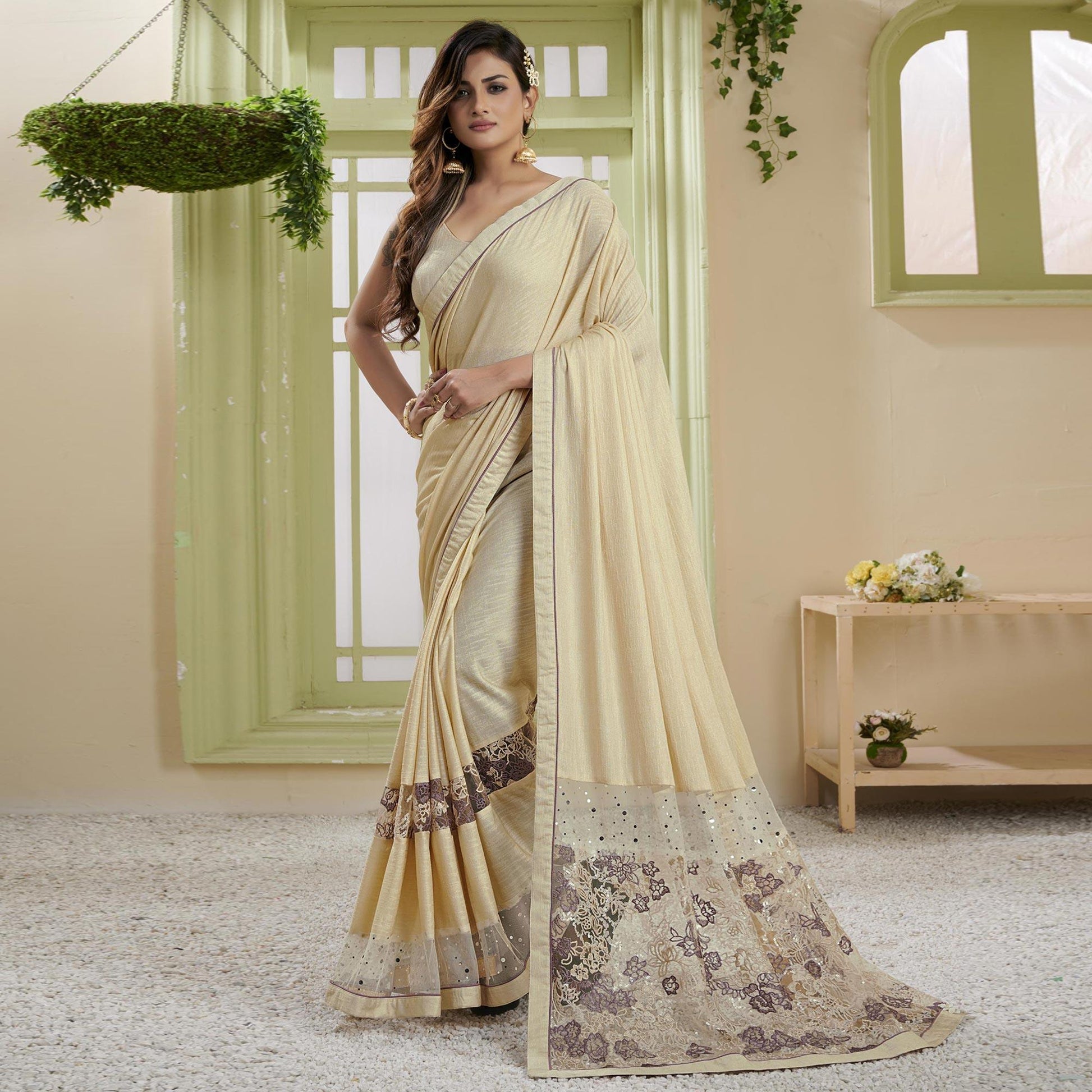 Cream Party Wear Embellished Lycra Ready to Wear Saree