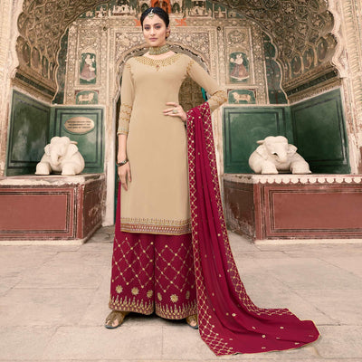Cream Party Wear Embroidery Soft Georgette Palazzo Suit