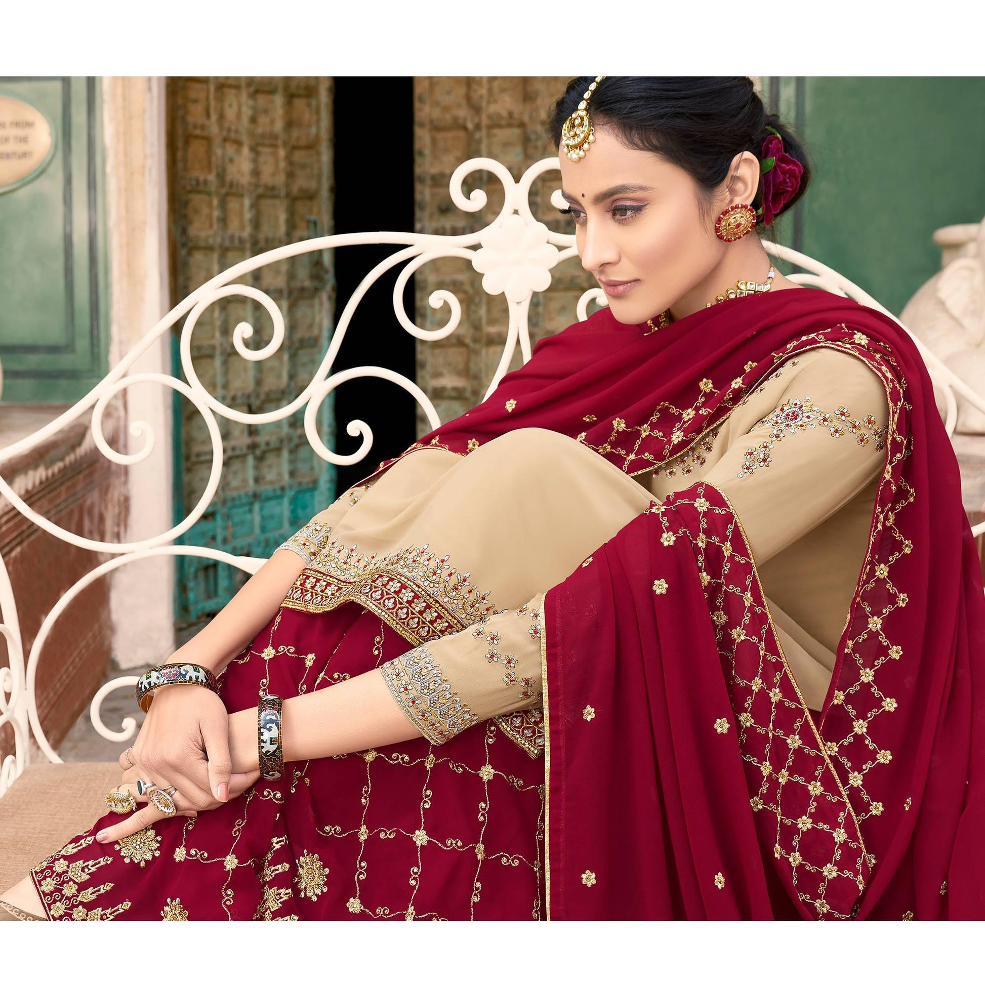 Cream Party Wear Embroidery Soft Georgette Palazzo Suit
