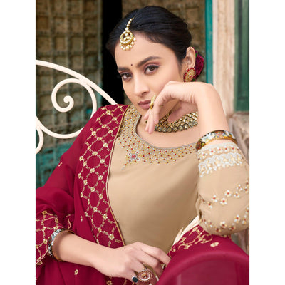 Cream Party Wear Embroidery Soft Georgette Palazzo Suit