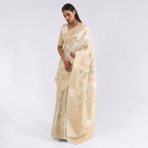 Cream Party Wear Woven Pure Linen Saree