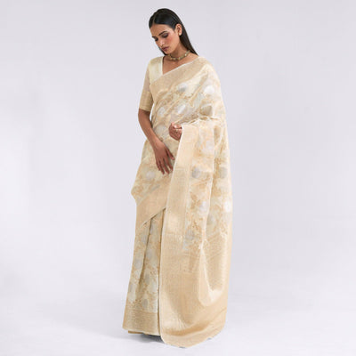 Cream Party Wear Woven Pure Linen Saree