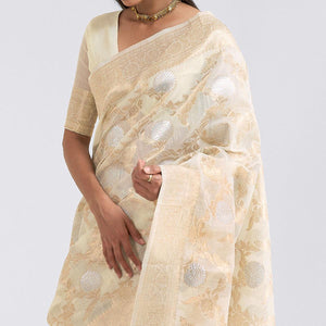 Cream Party Wear Woven Pure Linen Saree