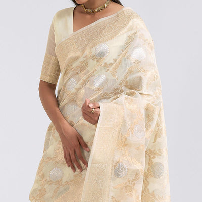 Cream Party Wear Woven Pure Linen Saree