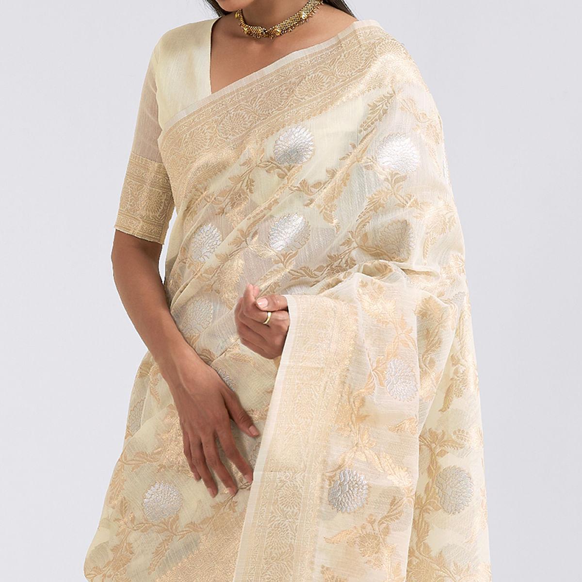 Cream Party Wear Woven Pure Linen Saree