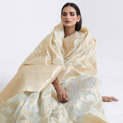 Cream Party Wear Woven Pure Linen Saree