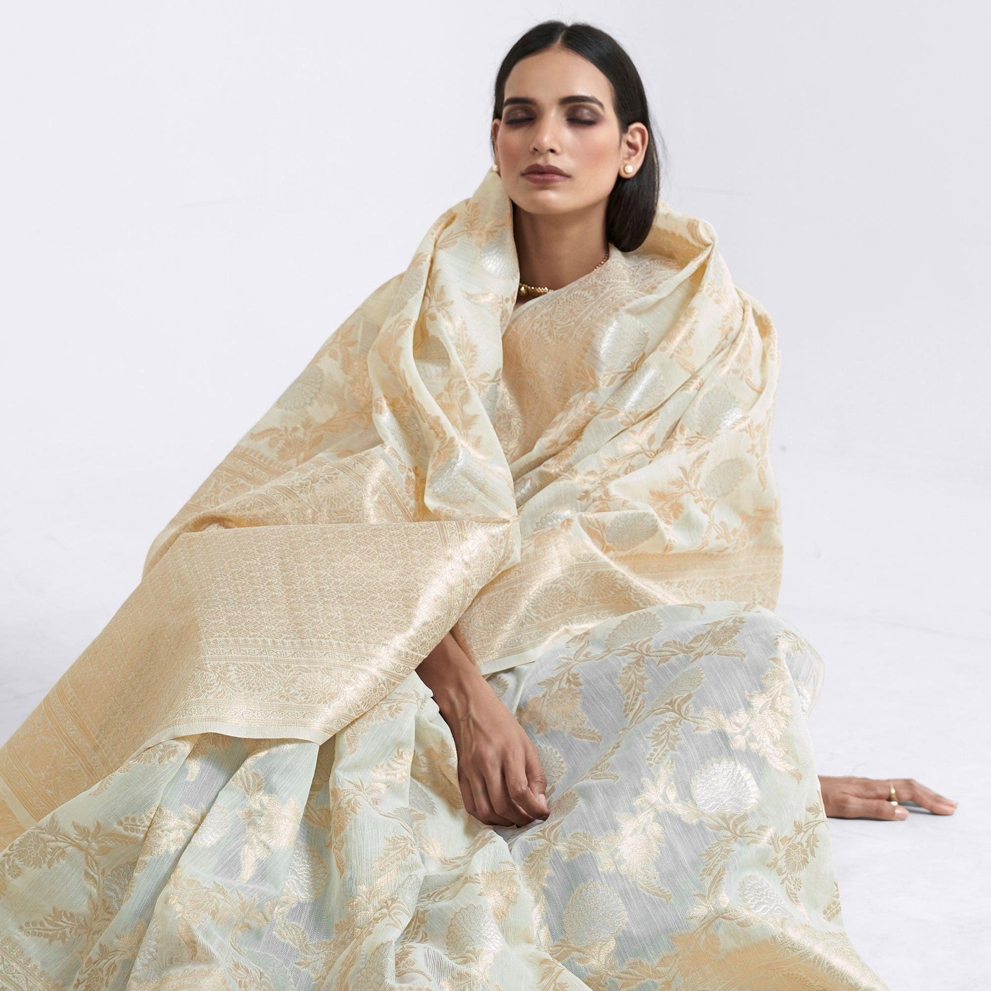 Cream Party Wear Woven Pure Linen Saree