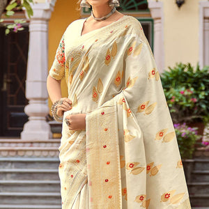 Cream Partywear Banarasi Woven Silk Saree with Kashmiri Pallu