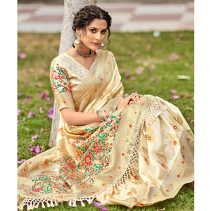 Cream Partywear Banarasi Woven Silk Saree with Kashmiri Pallu