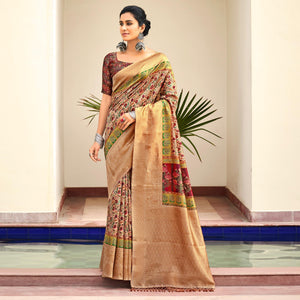 Cream Partywear Digital Printed Silk Saree