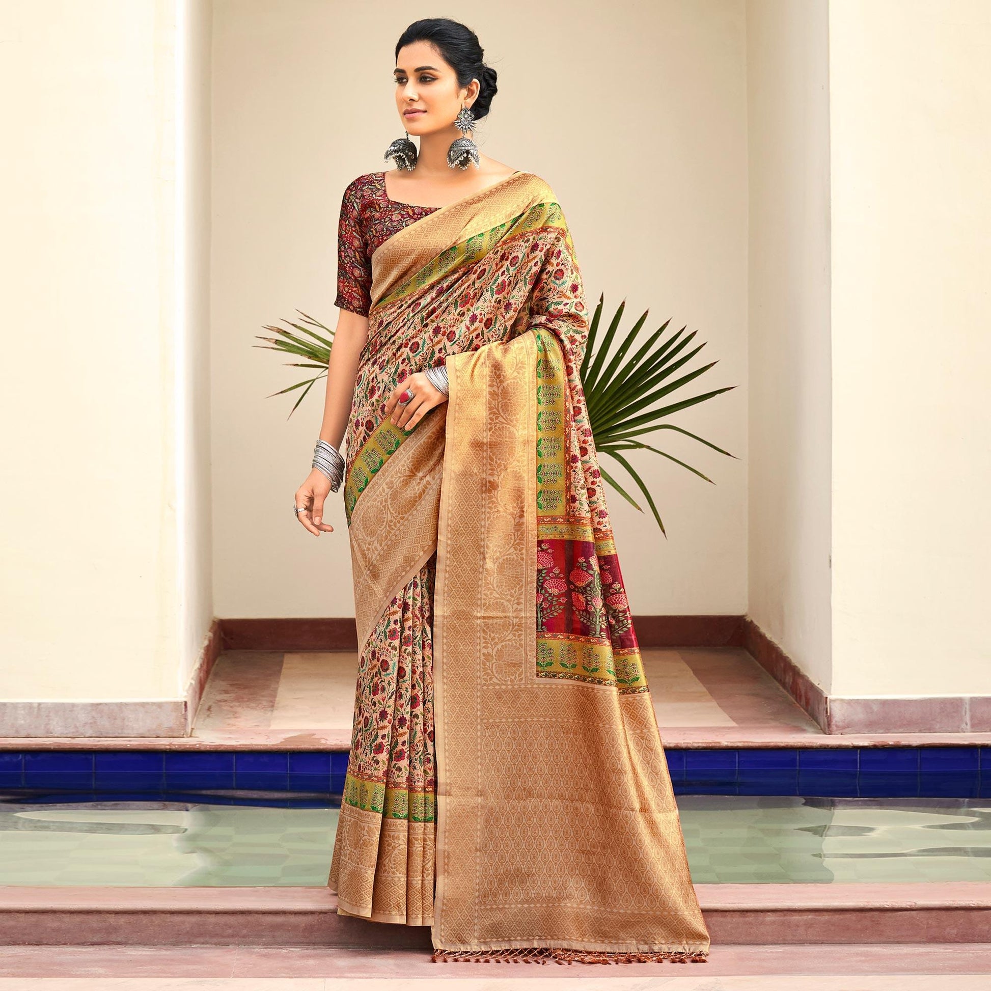 Cream Partywear Digital Printed Silk Saree
