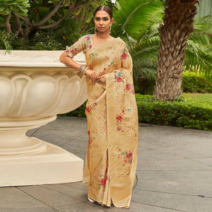 Cream Partywear Digital Printed Silk Saree