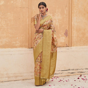 Cream Partywear Digital Printed Silk Saree