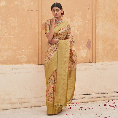 Cream Partywear Digital Printed Silk Saree