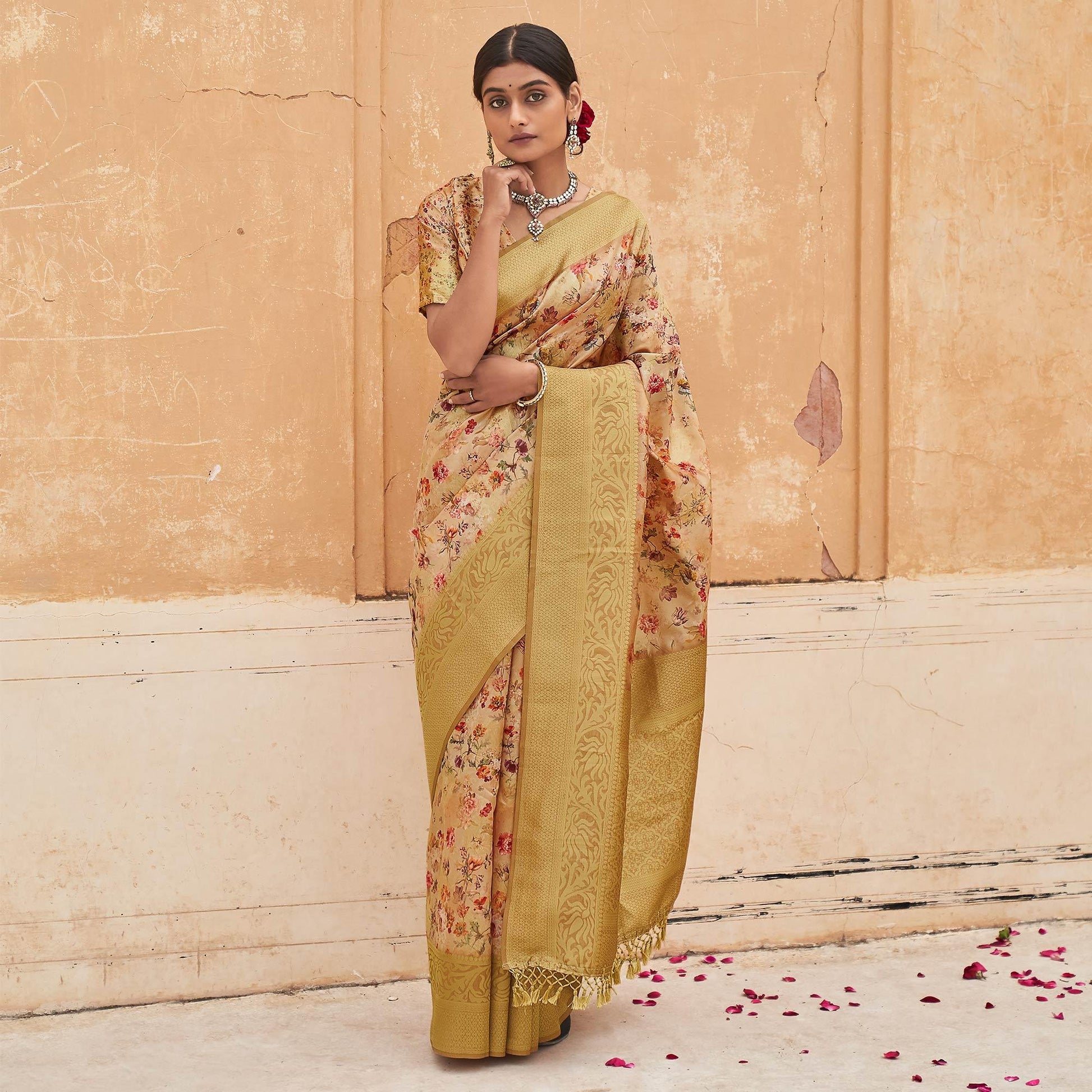 Cream Partywear Digital Printed Silk Saree